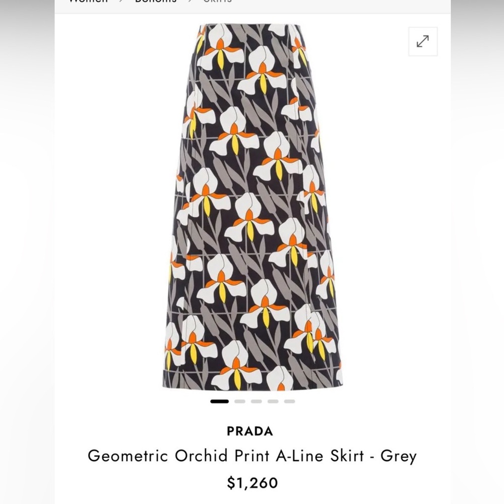 Prada Grey Floral Geometric A-Line Skirt with White and Orange Accents